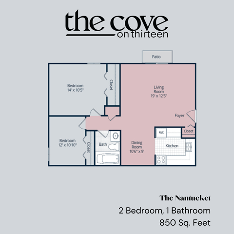 Floor plan for 2 beds, 1 bath, 850 sqft